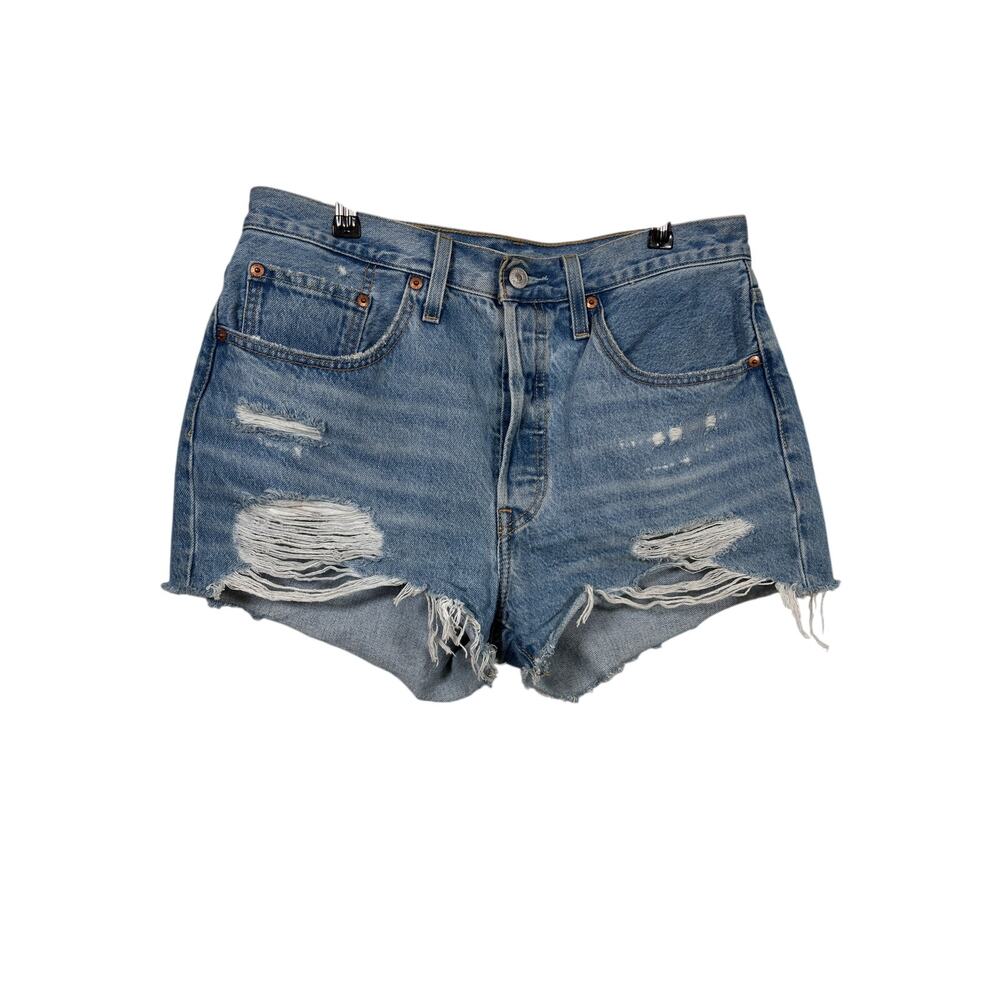 Levi's Jean Shorts Womens 30 Blue 501 Original Fit High Rise Distressed Raw Hem